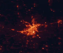 Satellite night-light map of the 50 km around Shreveport, with Red Chute, Minden and Eastwood marked