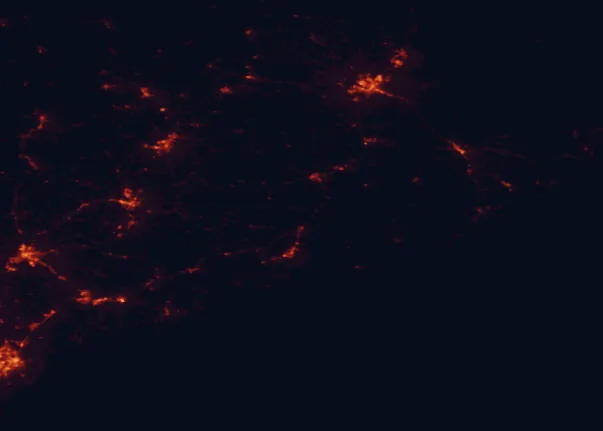 Satellite night-light map of the 100 km around Camden Hills State Park, with Bangor, Lewiston and Augusta marked