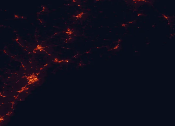 Satellite night-light map of the 100 km around Pemaquid Archeological Site, with Portland, Lewiston and South Portland marked