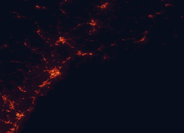 Satellite night-light map of the 100 km around Popham Beach State Park, with Portland, Lewiston and South Portland marked