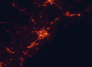 Satellite night-light map of the 50 km around Portland, with South Portland Gardens, West Scarborough and Westbrook marked