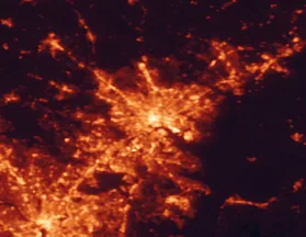 Satellite night-light map of the 50 km around Baltimore, with Washington, Dundalk and Columbia marked
