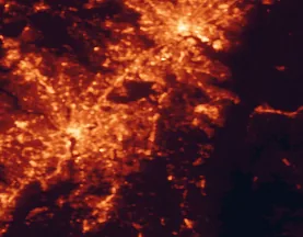 Satellite night-light map of the 50 km around Bowie, with Washington, Baltimore and Arlington marked