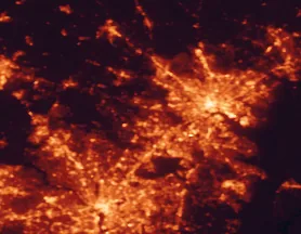 Satellite night-light map of the 50 km around Columbia, with Baltimore, Washington and Ellicott City marked