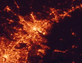 Satellite night-light map of the 50 km around Dundalk, with Baltimore, Washington and Glen Burnie marked