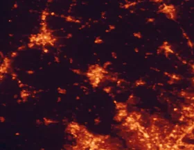 Satellite night-light map of the 50 km around Frederick, with Germantown, Gaithersburg and Rockville marked