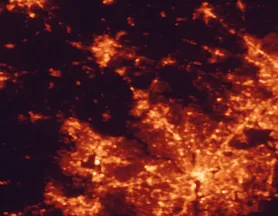 Satellite night-light map of the 50 km around Germantown, with Washington, Arlington and Gaithersburg marked