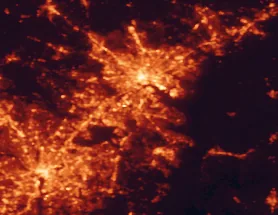 Satellite night-light map of the 50 km around Glen Burnie, with Baltimore, Washington and Arlington marked
