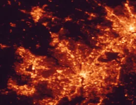 Satellite night-light map of the 50 km around Rockville, with Washington, Baltimore and Arlington marked