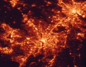Satellite night-light map of the 50 km around Silver Spring, with Washington, Baltimore and Arlington marked