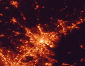 Satellite night-light map of the 50 km around Towson, with Baltimore, Columbia and Dundalk marked