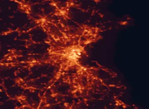 Satellite night-light map of the 50 km around Boston, with Cambridge, Dorchester and Somerville marked