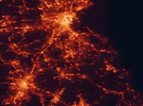 Satellite night-light map of the 50 km around Brockton, with Boston, Providence and Quincy marked