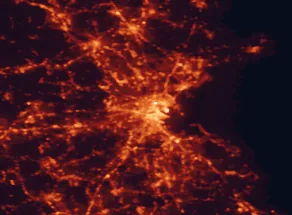 Satellite night-light map of the 50 km around Cambridge, with Boston, Dorchester and Newton marked