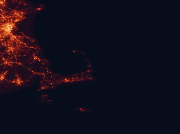 Satellite night-light map of the 100 km around Cape Cod National Seashore, with Boston, New Bedford and Barnstable marked
