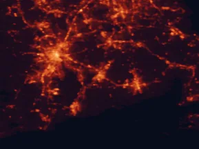 Satellite night-light map of the 50 km around Fall River, with Providence, New Bedford and Warwick marked