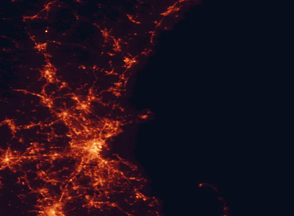 Satellite night-light map of the 100 km around Halibut Point State Park, with Boston, Lynn and Cambridge marked