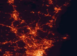 Satellite night-light map of the 50 km around Haverhill, with Boston, Lawrence and Lowell marked