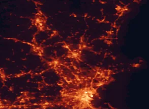 Satellite night-light map of the 50 km around Lawrence, with Boston, Lowell and Haverhill marked