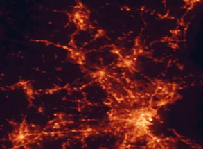 Satellite night-light map of the 50 km around Lowell, with Boston, Lawrence and Worcester marked