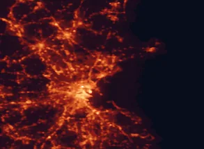Satellite night-light map of the 50 km around Lynn, with Boston, Cambridge and South Peabody marked