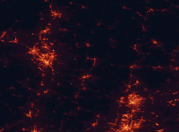 Satellite night-light map of the 100 km around Mount Greylock State Reservation, with Springfield, Albany and West Albany marked