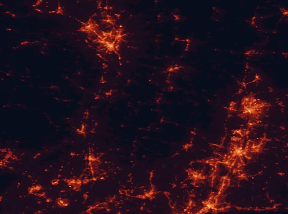 Satellite night-light map of the 100 km around Mount Washington State Forest, with Springfield, Hartford and Albany marked