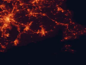 Satellite night-light map of the 50 km around New Bedford, with Providence, Fall River and Warwick marked