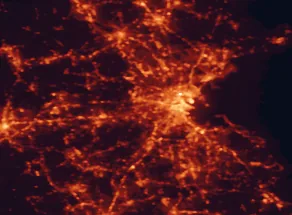 Satellite night-light map of the 50 km around Newton, with Boston, Cambridge and Dorchester marked