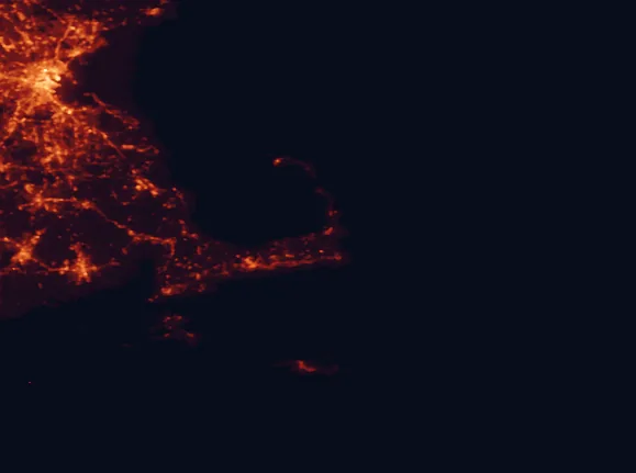 Satellite night-light map of the 100 km around Nickerson State Park, with Boston, Barnstable and New Bedford marked