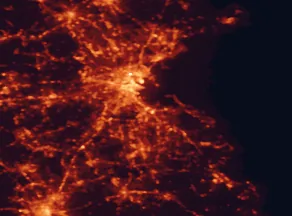 Satellite night-light map of the 50 km around Quincy, with Boston, Dorchester and Cambridge marked