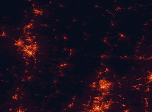 Satellite night-light map of the 100 km around Savoy Mountain State Forest, with Springfield, Albany and West Albany marked