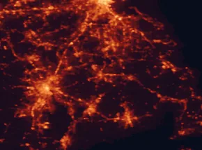 Satellite night-light map of the 50 km around Taunton, with Providence, Brockton and Fall River marked