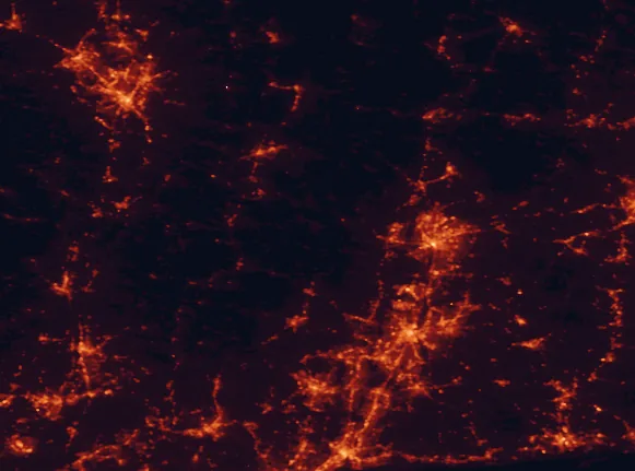 Satellite night-light map of the 100 km around Tolland State Forest, with Springfield, Hartford and Waterbury marked