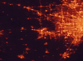 Satellite night-light map of the 50 km around Ann Arbor, with Canton, Livonia and Westland marked