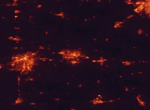 Satellite night-light map of the 50 km around Battle Creek, with Kalamazoo, Portage and Springfield marked