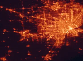 Satellite night-light map of the 50 km around Canton, with Detroit, Westland and Windsor marked