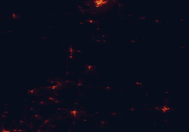 Satellite night-light map of the 100 km around Cheboygan State Park, with Sault Ste. Marie and Alpena marked