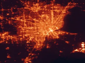 Satellite night-light map of the 50 km around Dearborn, with Detroit, Windsor and Warren marked