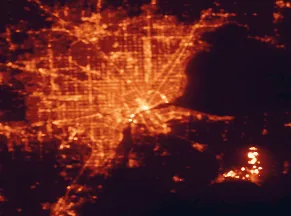 Satellite night-light map of the 50 km around Detroit, with Windsor, Warren and Dearborn marked