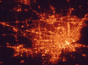 Satellite night-light map of the 50 km around Farmington Hills, with Detroit, Windsor and Livonia marked