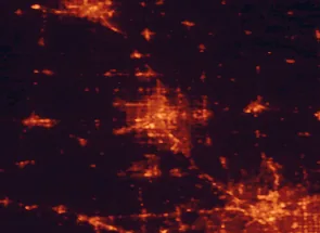 Satellite night-light map of the 50 km around Flint, with Burton, Waterford and Troy marked