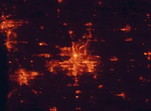 Satellite night-light map of the 50 km around Grand Rapids, with Wyoming, Kentwood and Walker marked