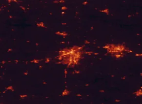 Satellite night-light map of the 50 km around Kalamazoo, with Portage, Battle Creek and Comstock Northwest marked