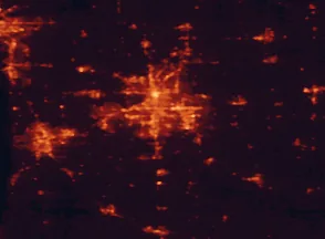 Satellite night-light map of the 50 km around Kentwood, with Grand Rapids, Wyoming and Forest Hills marked