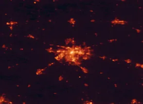 Satellite night-light map of the 50 km around Lansing, with East Lansing, Waverly and Holt marked