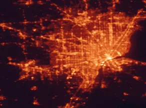 Satellite night-light map of the 50 km around Livonia, with Detroit, Windsor and Westland marked