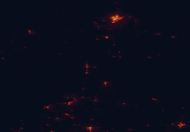 Satellite night-light map of the 100 km around Mackinac Island State Park, with Sault Ste. Marie, Sault Ste. Marie and Alpena marked