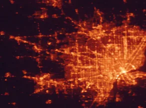 Satellite night-light map of the 50 km around Novi, with Detroit, Farmington Hills and Windsor marked