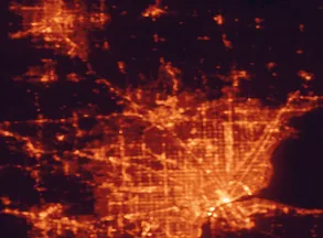 Satellite night-light map of the 50 km around Pontiac, with Detroit, Windsor and Sterling Heights marked